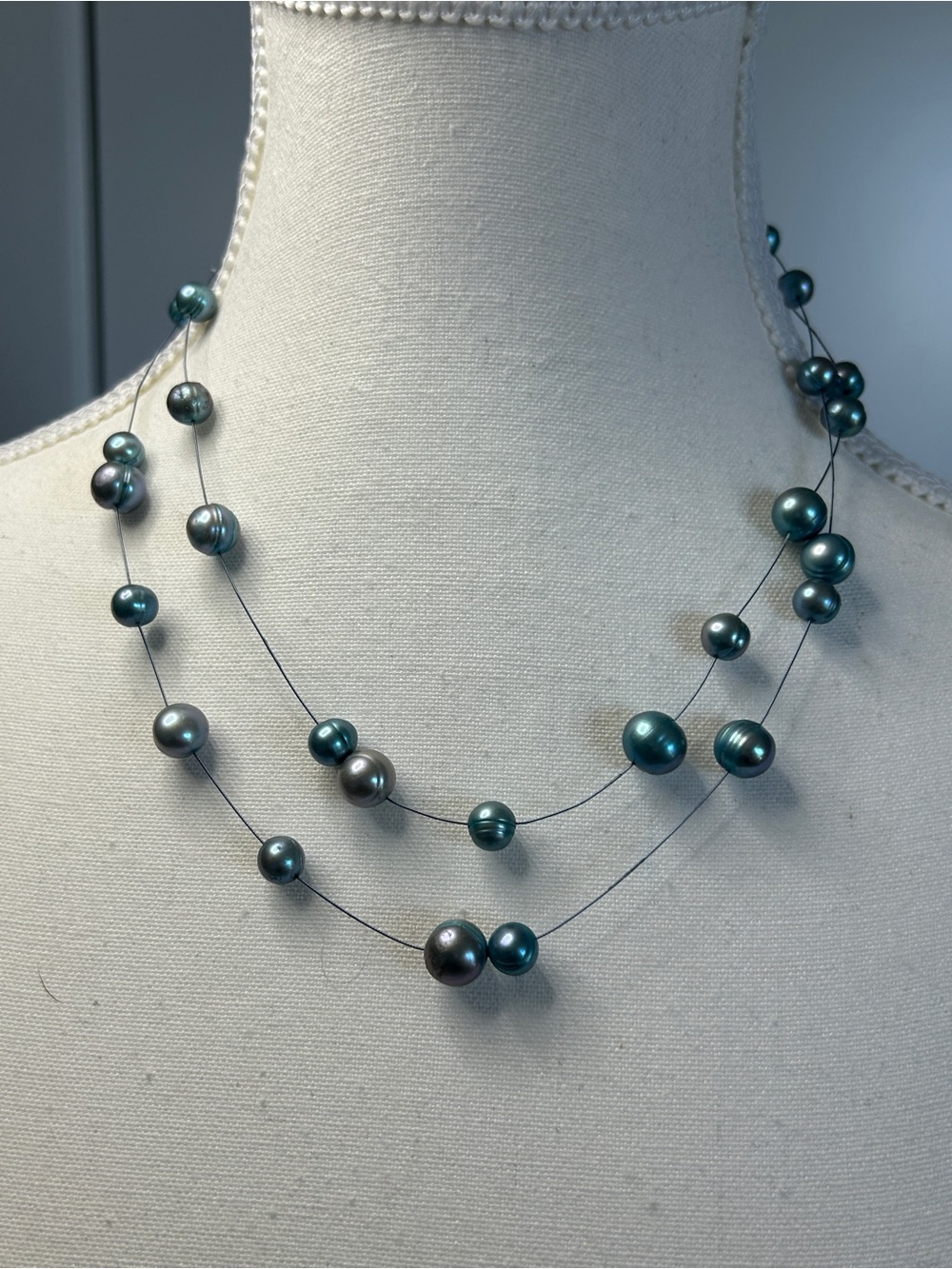 NWOT Honora 2-Strand Peacock Blue Floating Illusion Pearl Necklace